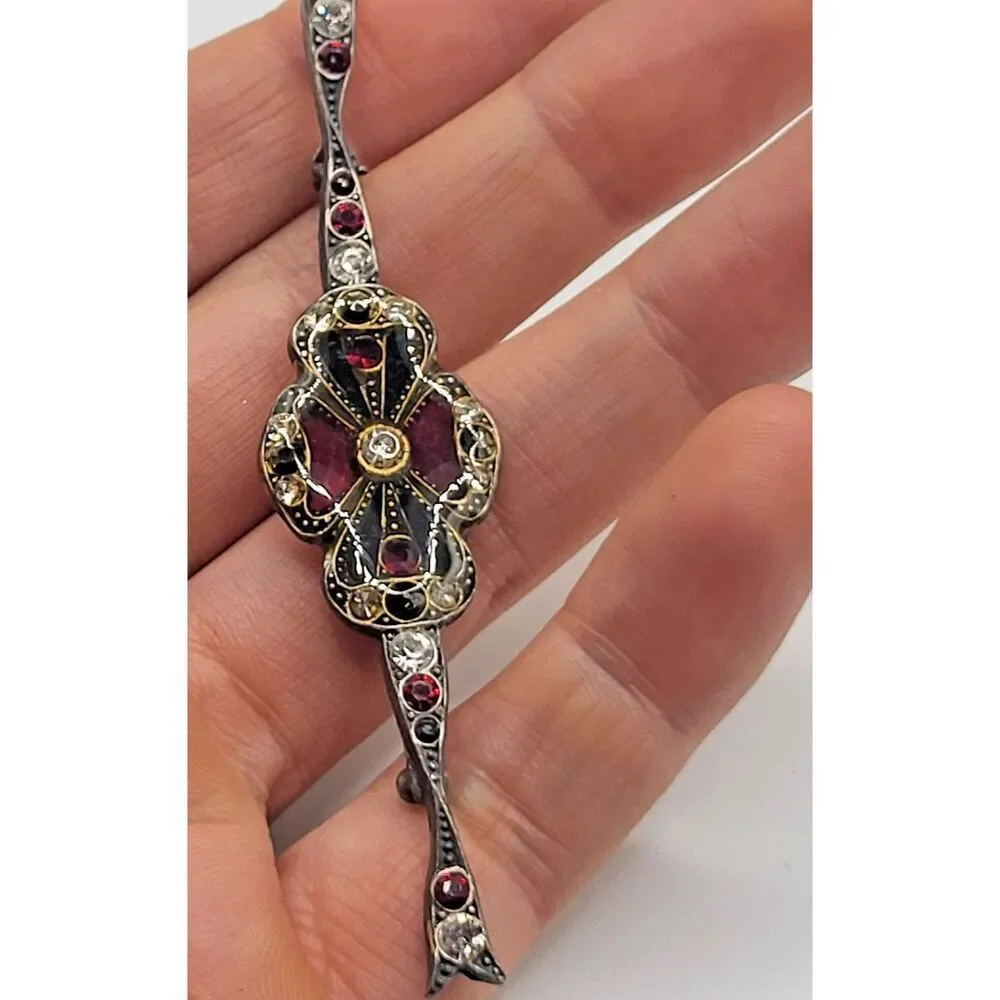 Victorian Style Bar Brooch Black Red White 3in